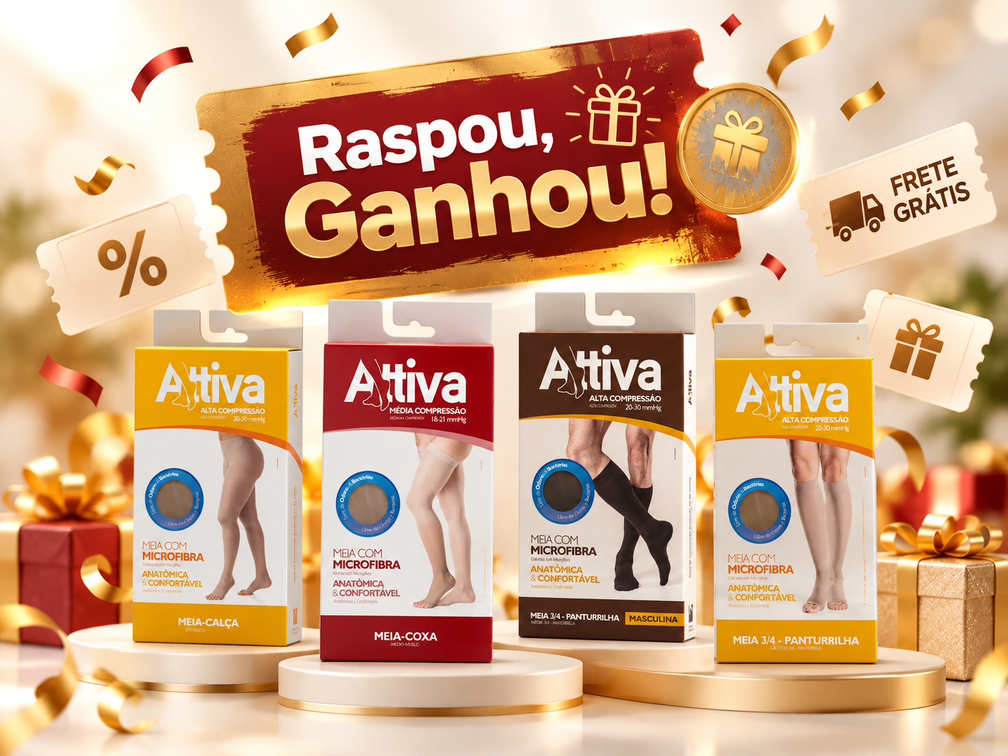 Caixas da linha Attiva em composição promocional com cupons, frete grátis e prêmios.